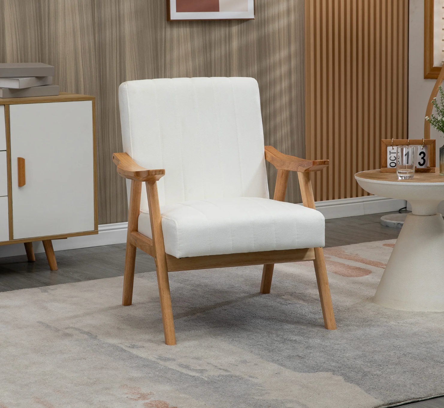 Witte Fluwelen Fauteuil met Houten Poten – Elegant & Comfortabel