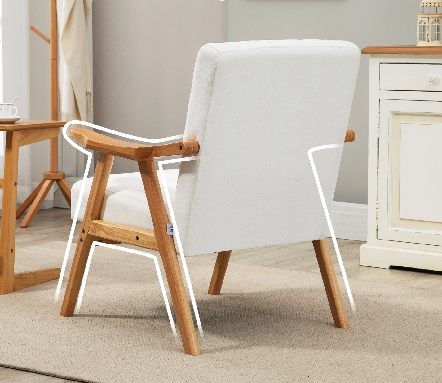 Witte Fluwelen Fauteuil met Houten Poten – Elegant & Comfortabel