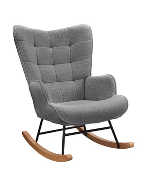 Luxe Schommelstoel Teddyfluweel Grijs – Hoge Rug & Armleuningen