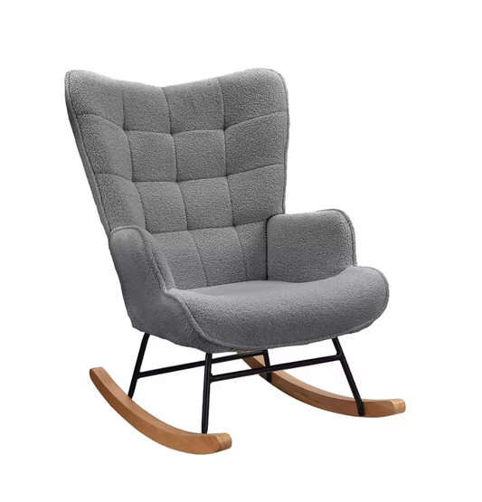 Luxe Schommelstoel Teddyfluweel Grijs – Hoge Rug & Armleuningen