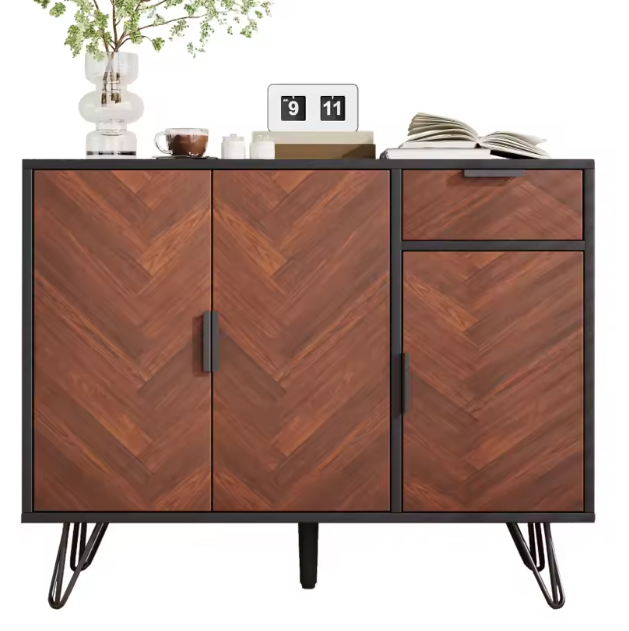 Moderne Opbergkast Zwart/Hout – 90 cm Breed met Verstelbare Planken