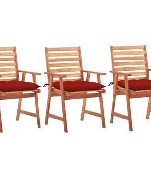 Set van 3 Acaciahouten Tuinstoelen met Rode Kussens – Waterbestendig