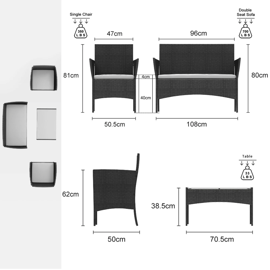 4-Delige Rotan Loungeset – Inclusief Tafel & Kussenset