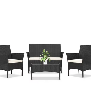 4-Delige Rotan Loungeset – Inclusief Tafel & Kussenset