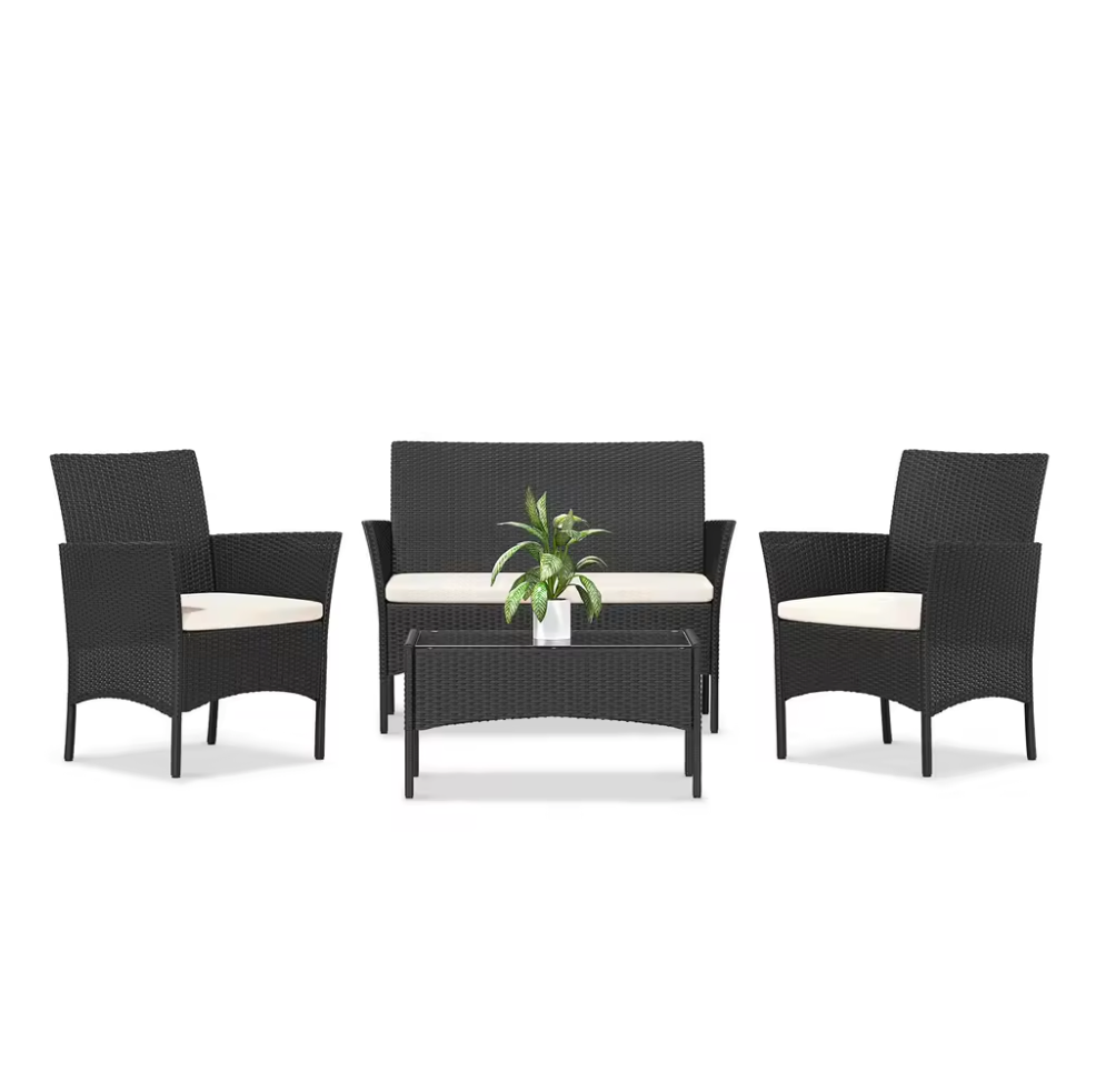 4-Delige Rotan Loungeset – Inclusief Tafel & Kussenset