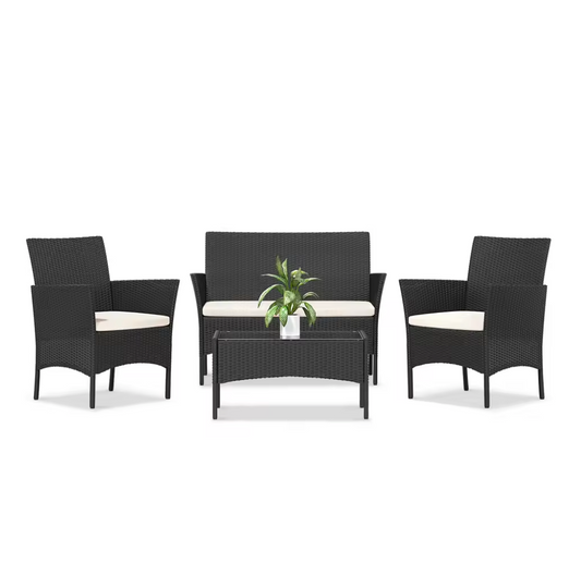 4-Delige Rotan Loungeset – Inclusief Tafel & Kussenset
