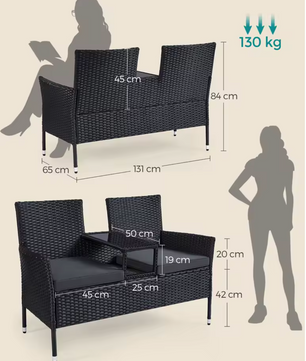 2-in-1 Balkonbank van Rotan – Met Tafel, Kussens & Glastop – Zwart