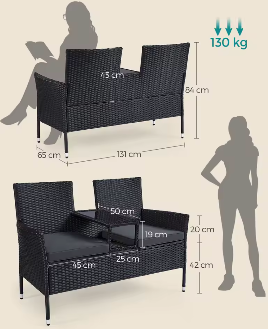 2-in-1 Balkonbank van Rotan – Met Tafel, Kussens & Glastop – Zwart