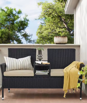 2-in-1 Balkonbank van Rotan – Met Tafel, Kussens & Glastop – Zwart