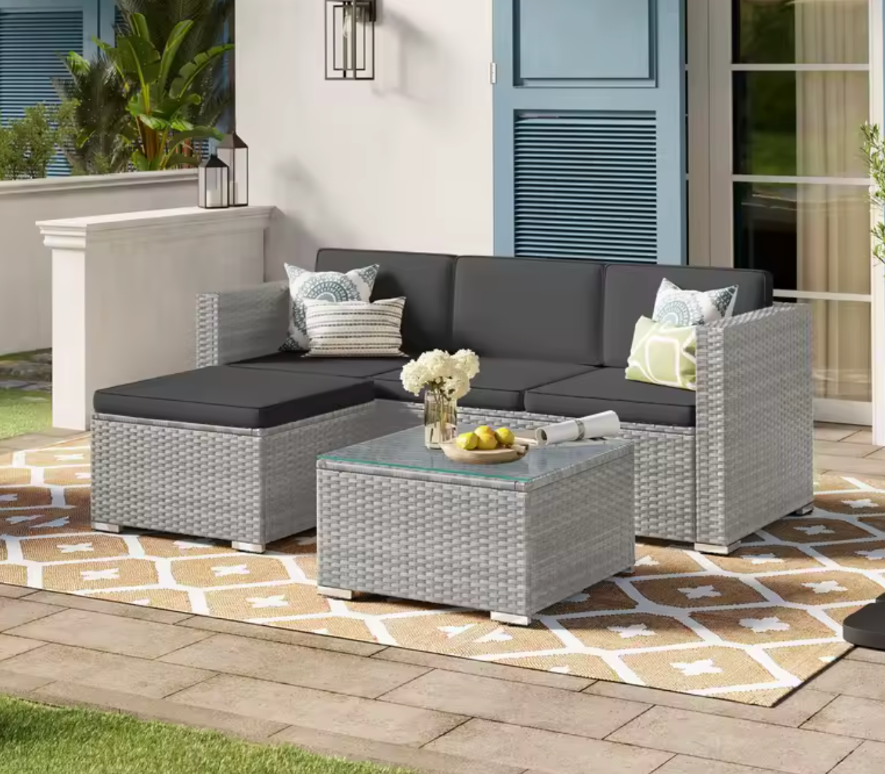 3-Delige Rotan Loungeset – Hoekbank met Tafel & Kussens