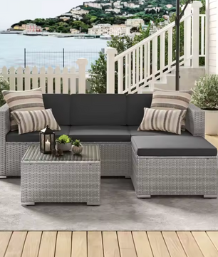 3-Delige Rotan Loungeset – Hoekbank met Tafel & Kussens