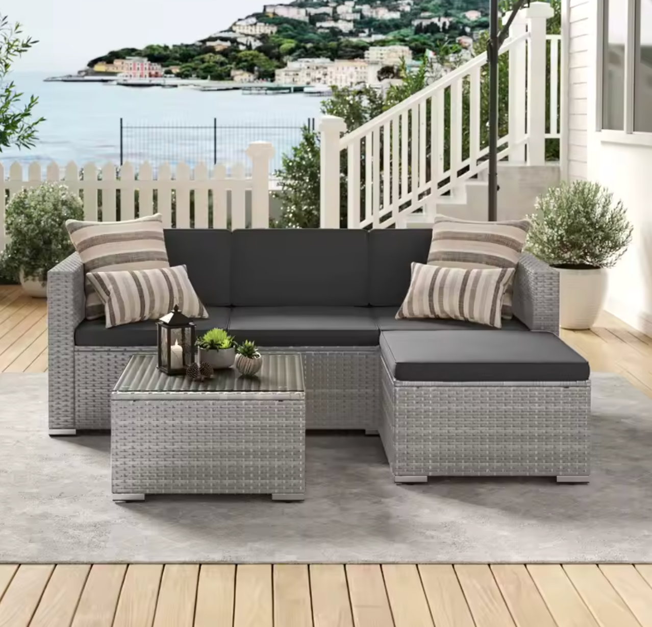 3-Delige Rotan Loungeset – Hoekbank met Tafel & Kussens