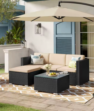 3-Delige Rotan Loungeset – Hoekbank met Tafel & Kussens