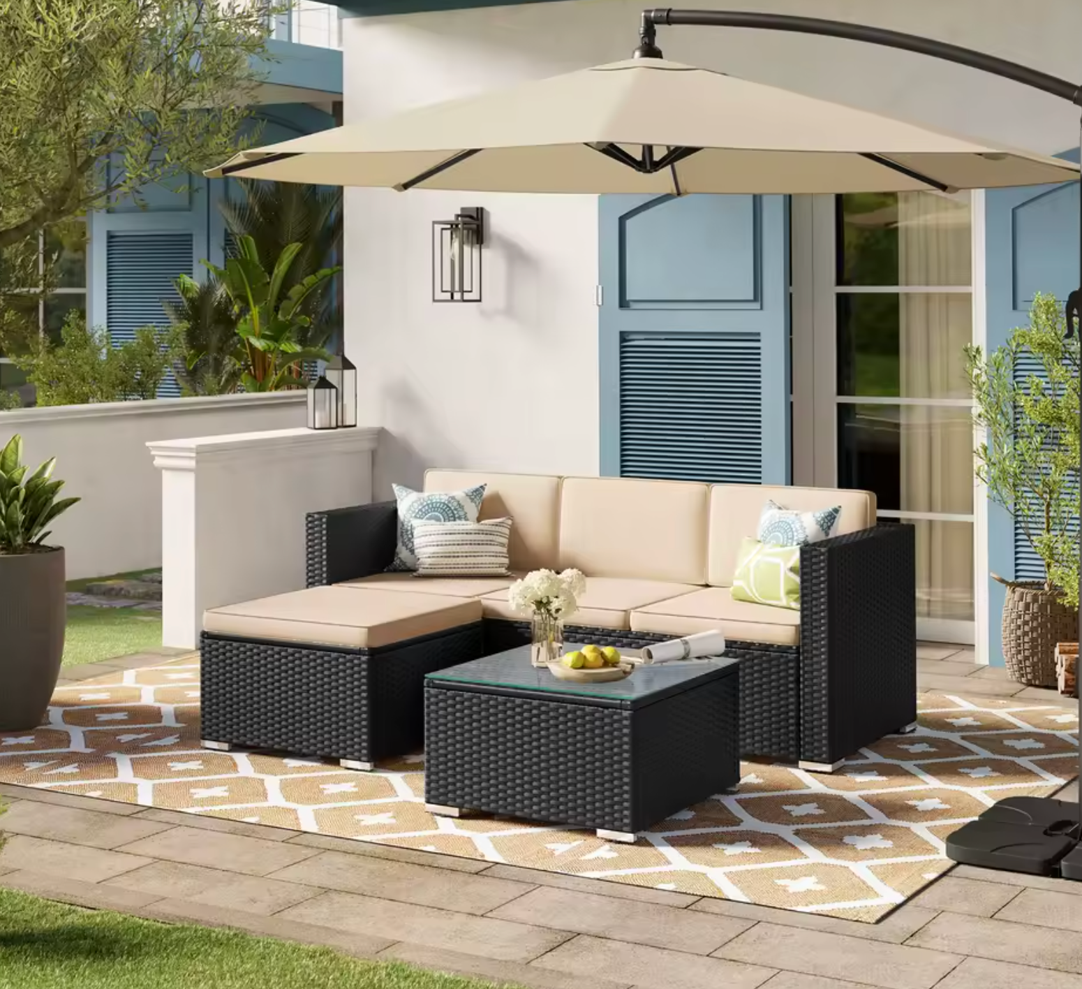 3-Delige Rotan Loungeset – Hoekbank met Tafel & Kussens