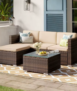 3-Delige Rotan Loungeset – Hoekbank met Tafel & Kussens
