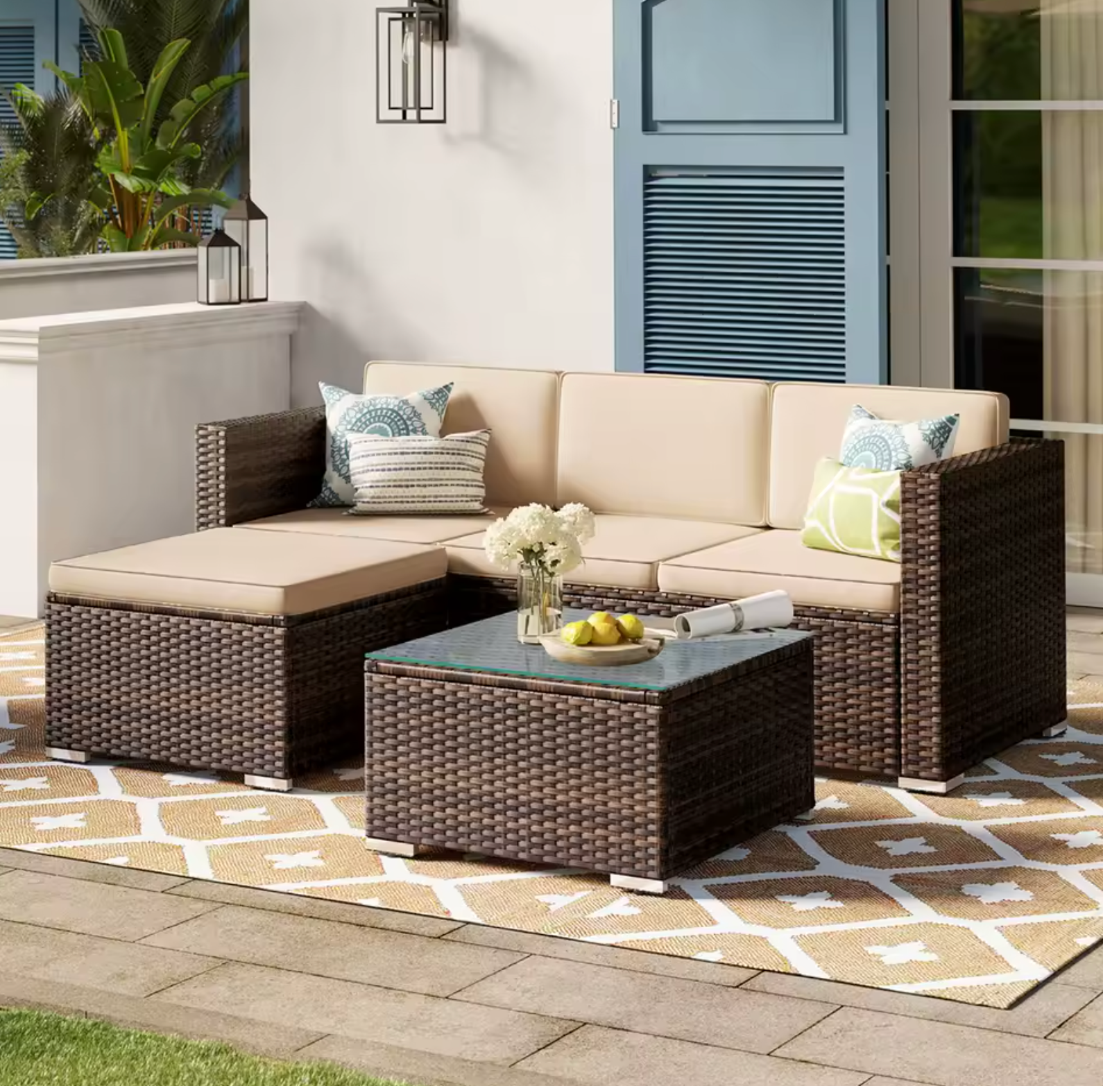 3-Delige Rotan Loungeset – Hoekbank met Tafel & Kussens