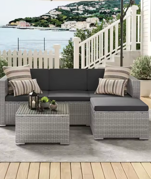 3-Delige Rotan Loungeset – Hoekbank met Tafel & Kussens