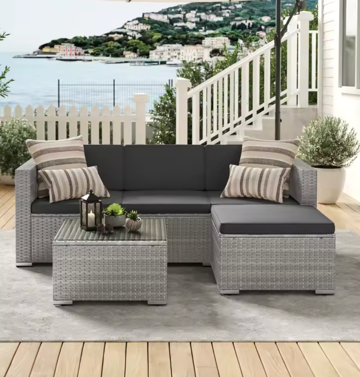 3-Delige Rotan Loungeset – Hoekbank met Tafel & Kussens