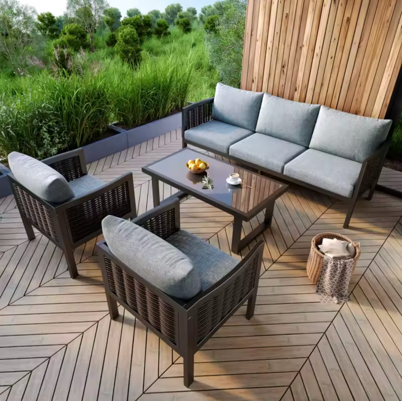 5-Delige Tuinset van Rotan – Inclusief Kussens & Glazen Tafel