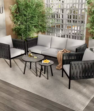 Tuinloungeset van 6 – Grijze Touwstoelen met Glastafels