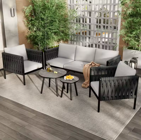 Tuinloungeset van 6 – Grijze Touwstoelen met Glastafels