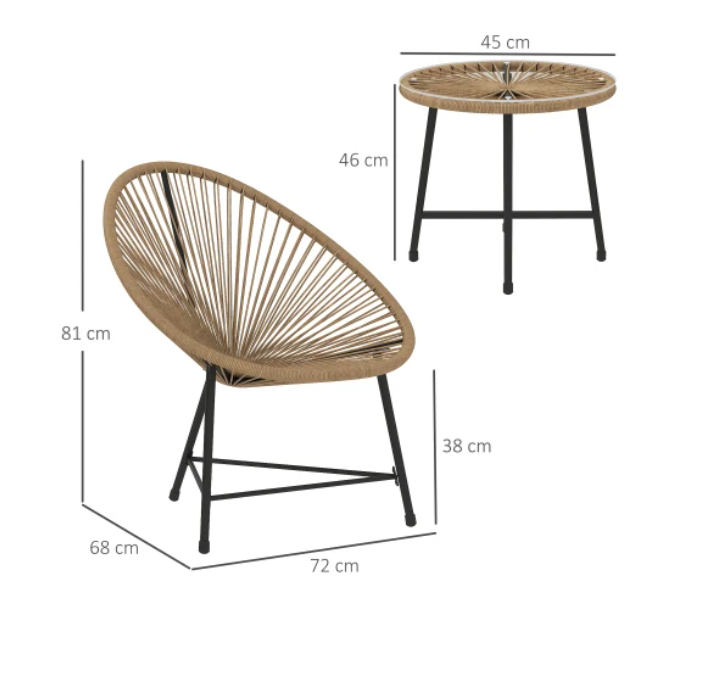 3-delige balkonset van hout en rotan – met tafel en 2 stoelen