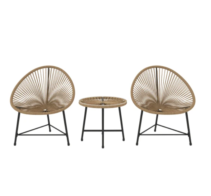 3-delige balkonset van hout en rotan – met tafel en 2 stoelen