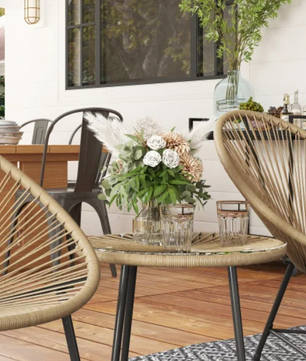 3-delige balkonset van hout en rotan – met tafel en 2 stoelen