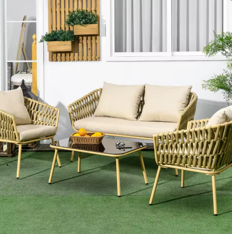 4-delige rotan tuinset met bank, stoelen en salontafel