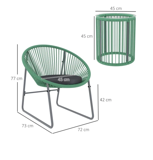 Balkonset 2-persoons rotan in het groen – 2 stoelen + tafel voor buiten