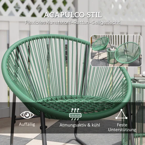 Balkonset 2-persoons rotan in het groen – 2 stoelen + tafel voor buiten