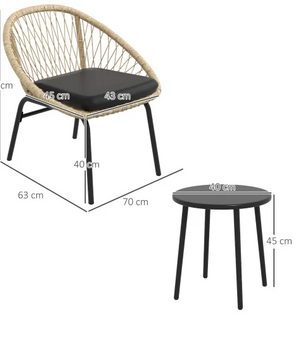 Tuinset 3-delig rotan – 2 stoelen met kussens + salontafel