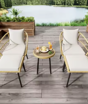 5-delige rotan loungeset met tafel, stoelen en krukken buiten