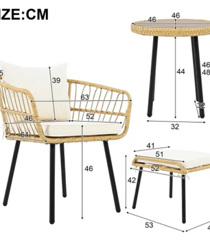 5-delige rotan loungeset met tafel, stoelen en krukken buiten