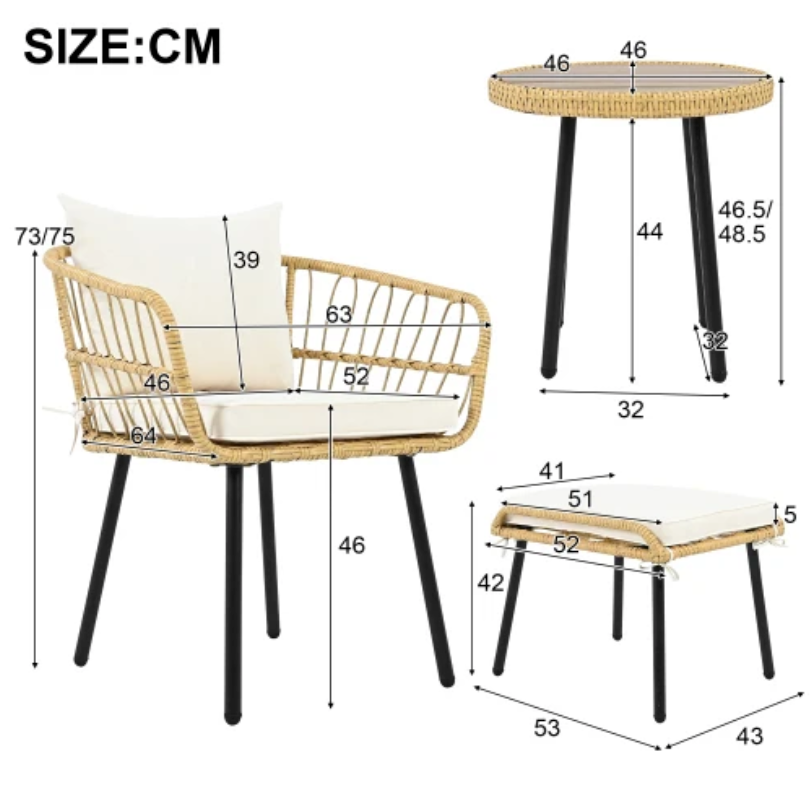 5-delige rotan loungeset met tafel, stoelen en krukken buiten