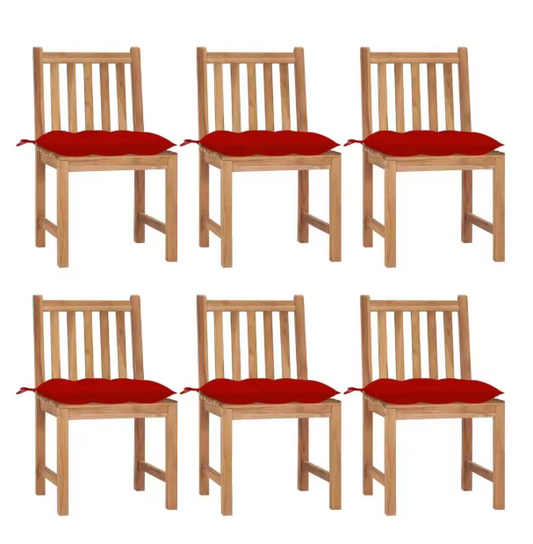 6 Teakhouten Tuinstoelen met Rood Kussen – Weerbestendig