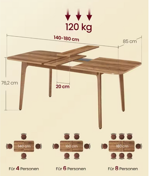 Uitschuifbare Eettafel – Houten Blad & Massief Frame, 140–180cm