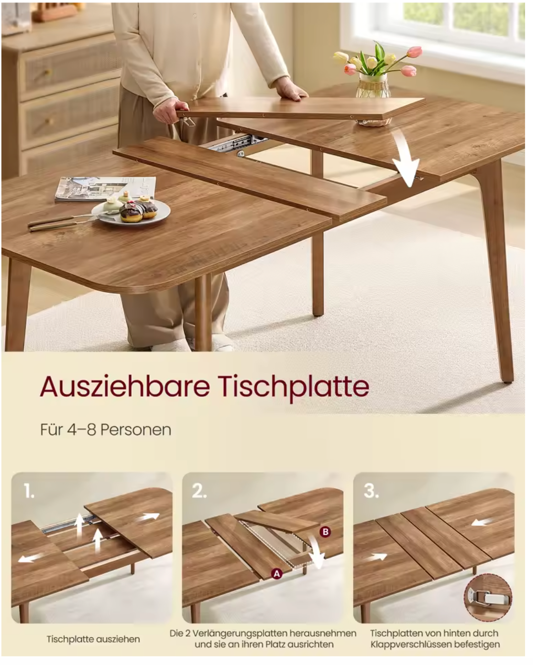 Uitschuifbare Eettafel – Houten Blad & Massief Frame, 140–180cm