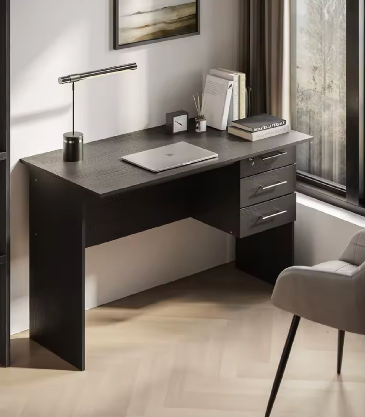 Bureau met 3 Lades en Slot – 120 cm Laptoptafel Zwart/Wit