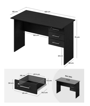 Bureau met 3 Lades en Slot – 120 cm Laptoptafel Zwart/Wit
