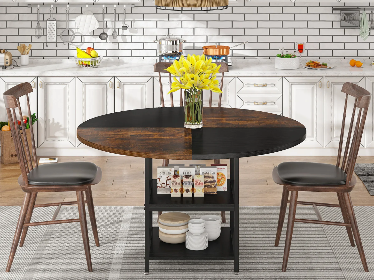 Ronde Eettafel 120 cm – Met Opbergplank & Houten Blad