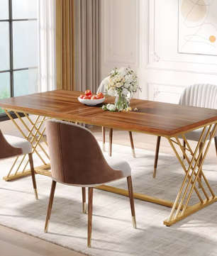 Luxe Eettafel 160x80cm – Houtlook & Goudkleurig Frame