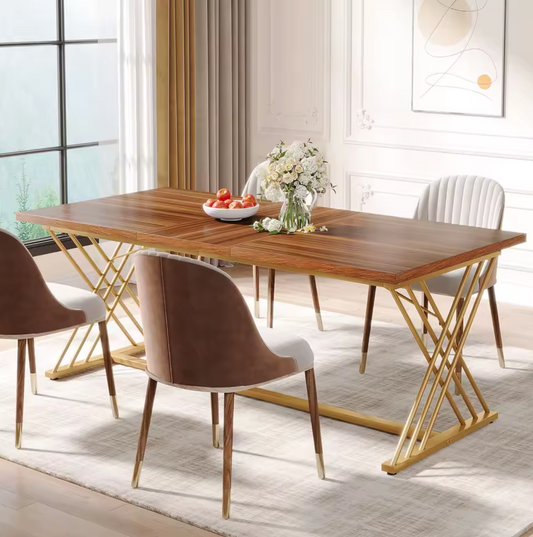 Luxe Eettafel 160x80cm – Houtlook & Goudkleurig Frame