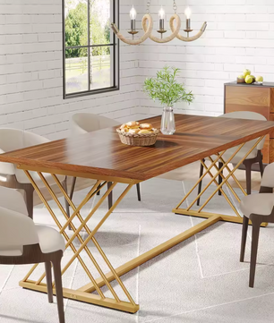 Luxe Eettafel 160x80cm – Houtlook & Goudkleurig Frame