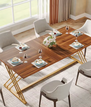 Luxe Eettafel 160x80cm – Houtlook & Goudkleurig Frame