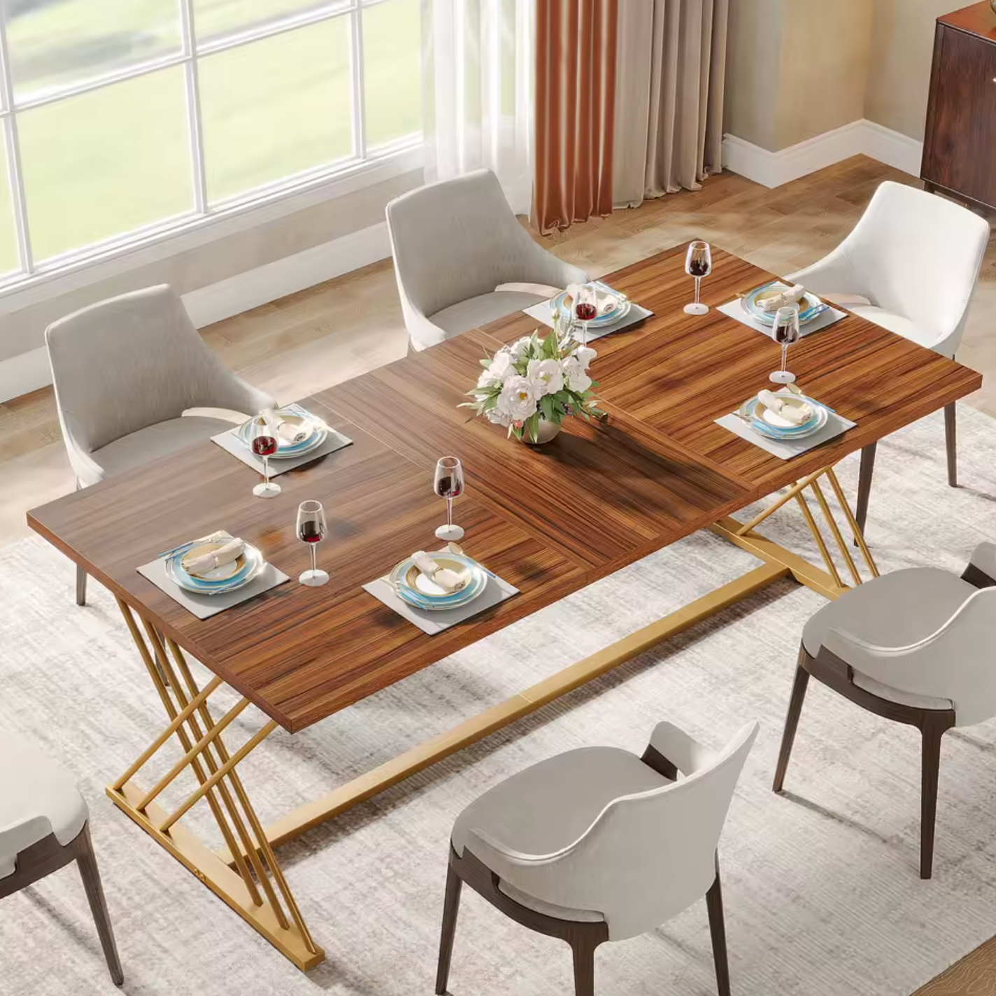 Luxe Eettafel 160x80cm – Houtlook & Goudkleurig Frame
