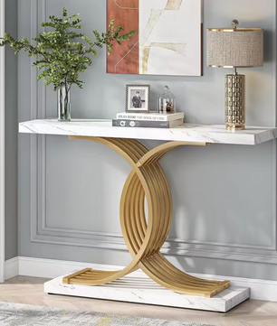 Gouden consoletafel met marmerlook blad en metalen frame
