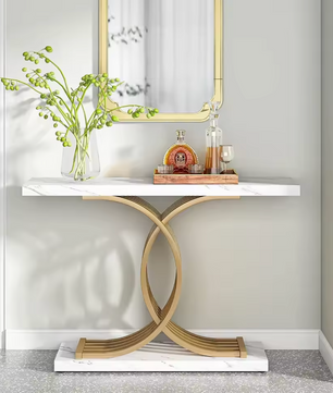 Gouden consoletafel met marmerlook blad en metalen frame