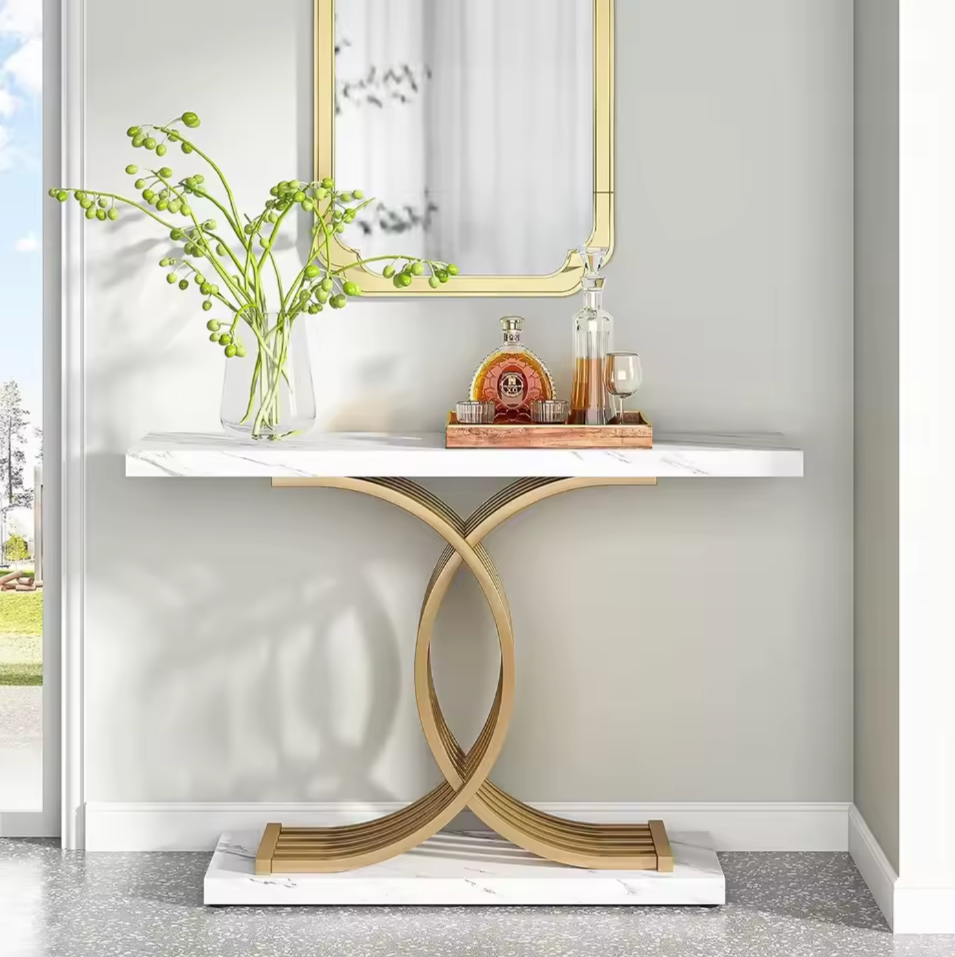 Gouden consoletafel met marmerlook blad en metalen frame