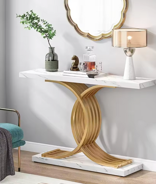 Gouden consoletafel met marmerlook blad en metalen frame